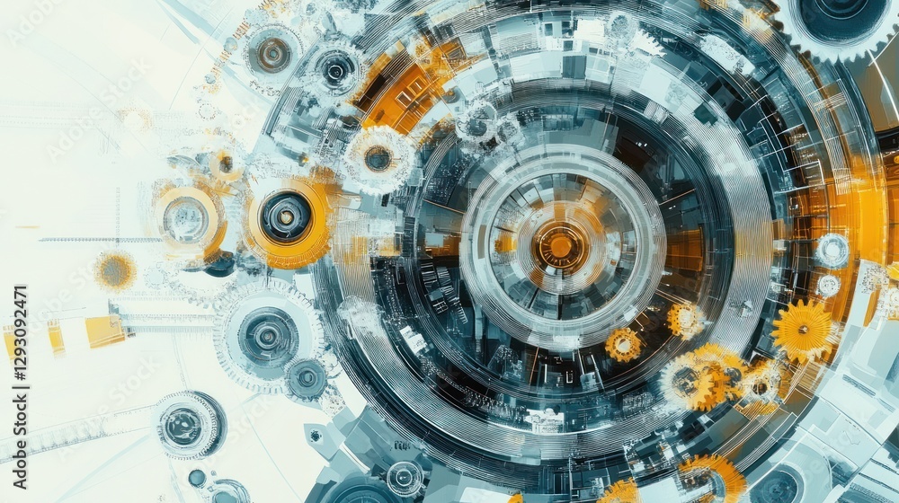 Poster abstract mechanical system with interconnected gears and parts.