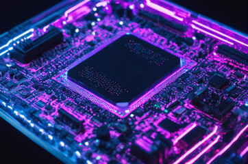 Obraz premium A holographic Motherboard has a neon back light, made up of many particles. Generative AI.