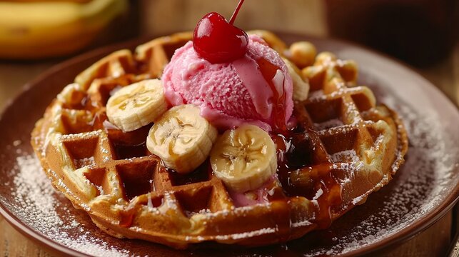 Decadent Belgian Waffle with Banana, Strawberry Ice Cream, and Caramel Drizzle