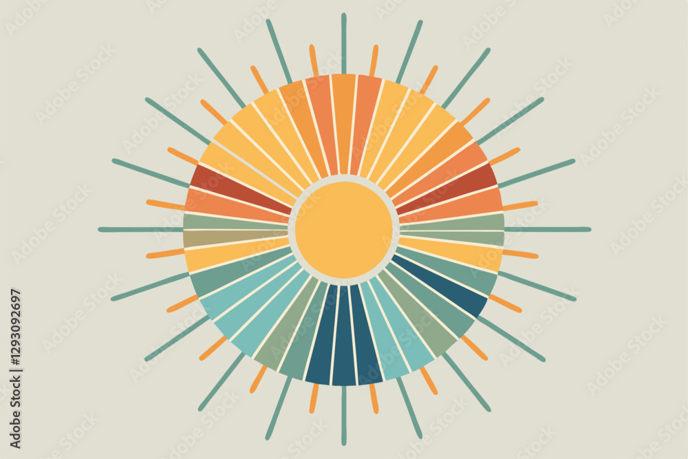 Poster a vibrant sunburst design showcases symmetrical lines and a mix of warm and cool tones, adding energ