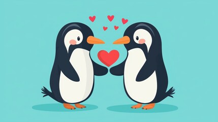 Naklejka premium A loving couple of penguins holding a red heart.