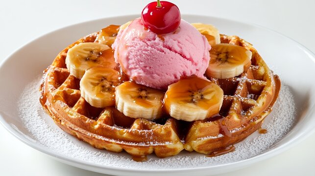 Decadent Belgian Waffle with Banana, Strawberry Ice Cream, and Caramel Drizzle - Powered by Adobe