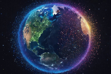 Obraz premium A holographic Look at the planet Earth, made up of many particles. Generative AI.
