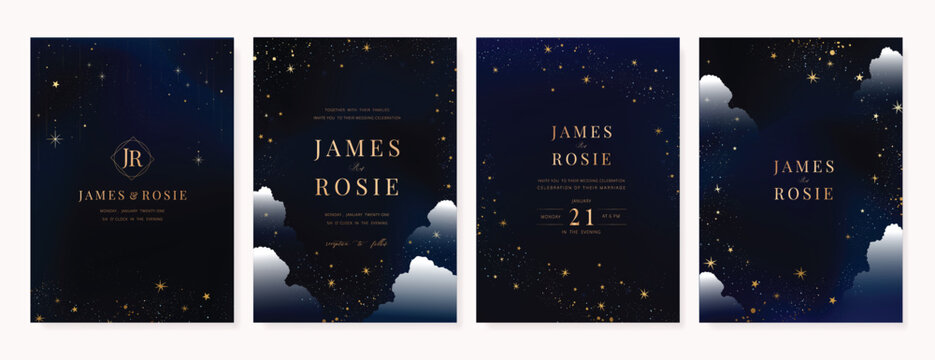 Luxury invitation card design vector set. Elegant wedding card with little star moon sun and space decorative on watercolor navy blue background. Design illustration for cover, poster, gala.