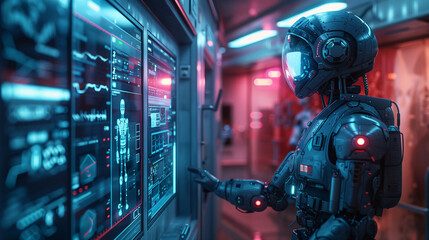 Fototapeta premium In a sci-fi setting, a sophisticated robot in a tech-filled indoor environment reaches out to operate a console covered with screens that flash with data and images. The overall atmosphere is futurist
