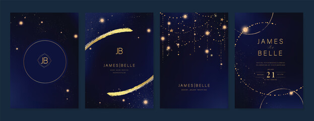 Luxury invitation card design vector set. Elegant wedding card with little star moon sun and space decorative on watercolor navy blue background. Design illustration for cover, poster, gala.