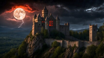 "A gothic vampire castle perched on a cliff, with dark clouds swirling around it and lightning flashing in the sky.