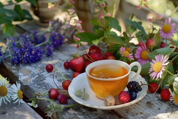 a cup of herbal tea paired with a selection of healing herbs and berries