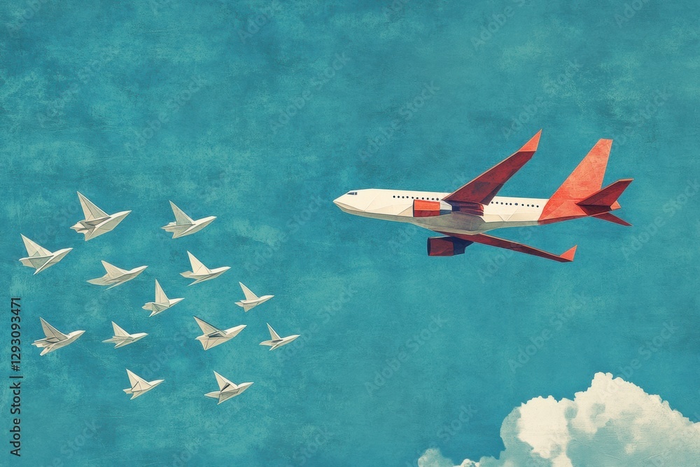 Aufkleber Red and white airplane guides a fleet of paper planes in a vibrant blue sky. Generative AI