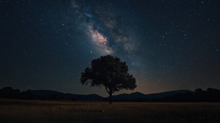 Lone tree under a starry night sky with visible milky way in open field, ethereal landscape. Astronomy and serenity concept