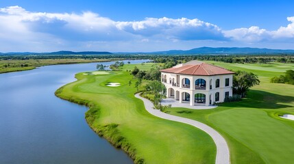 Aerial View Of Luxurious Golf Course Home With Lake