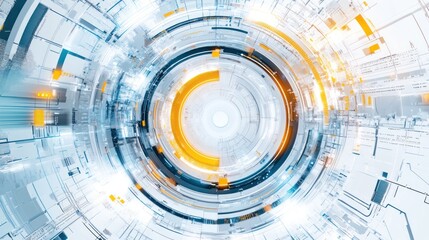 Obraz premium Abstract futuristic circular design with bright white and orange concentric rings, complex intricate patterns, and glowing elements.