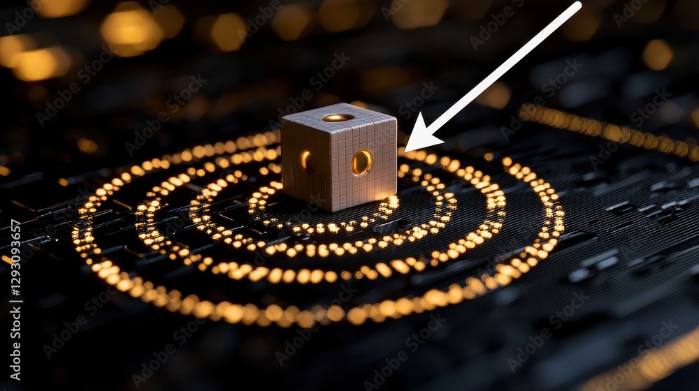 Poster a 3d rendered image showcasing a metallic cube on a digital circuit background.