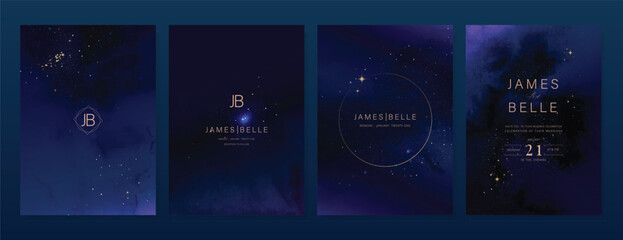 Luxury invitation card design vector set. Elegant wedding card with little star moon sun and space decorative on watercolor navy blue background. Design illustration for cover, poster, gala.