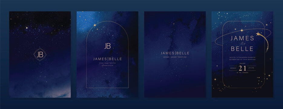 Luxury invitation card design vector set. Elegant wedding card with little star moon sun and space decorative on watercolor navy blue background. Design illustration for cover, poster, gala.