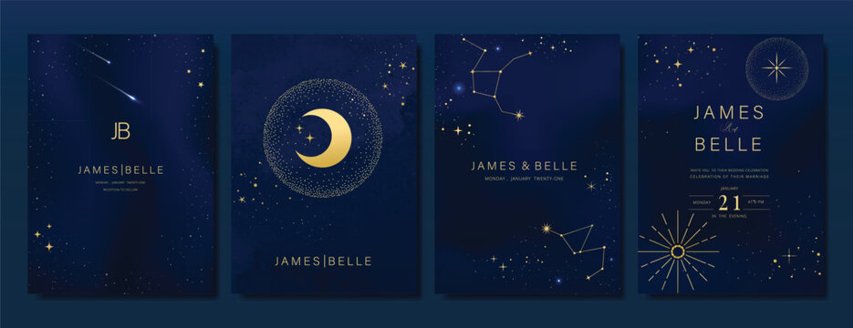 Luxury invitation card design vector set. Elegant wedding card with little star moon sun and space decorative on watercolor navy blue background. Design illustration for cover, poster, gala.