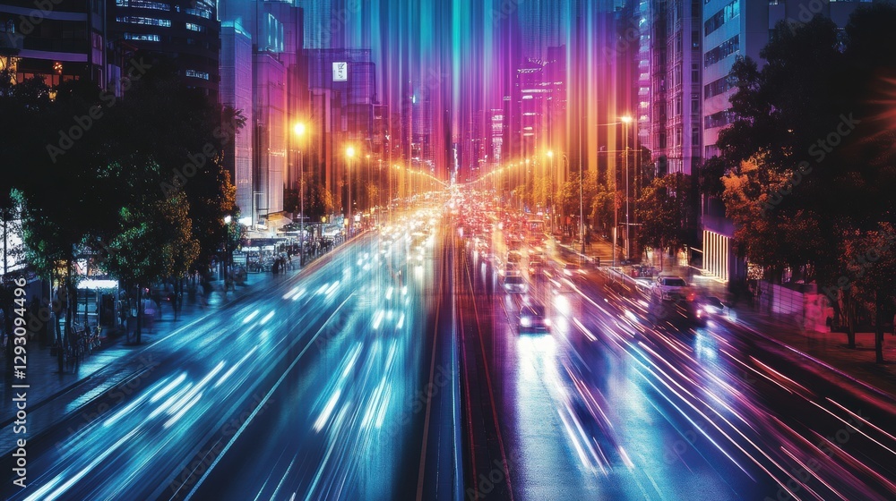 Aufkleber busy urban road illuminated by colorful sound waves visualizing movement and energy during the night