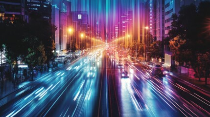 Busy urban road illuminated by colorful sound waves visualizing movement and energy during the night. Generative AI