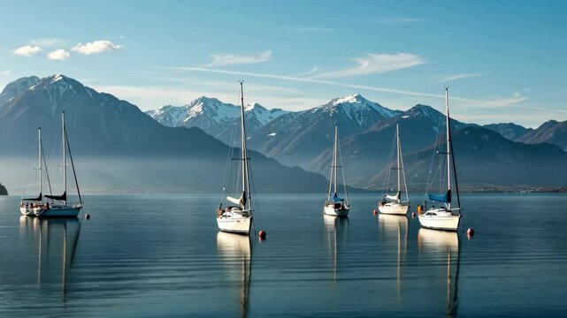 A tranquil scene of sailboats on calm water, framed by majestic mountains under a clear blue sky.