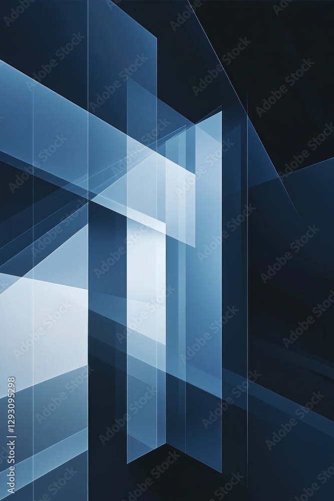 Poster abstract geometric composition featuring layered blue and black shapes creating a sense of depth and