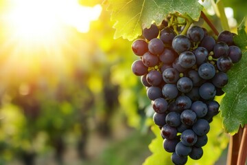 Naklejka premium A beautiful bunch of dark grapes illuminated by sunlight, surrounded by natural green leaves in a peaceful vineyard.