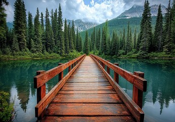 A Wooden Bridge Spanning a Calm River, Surrounded by Evergreen Trees and Lush Green Vegetation, with Mountain Peaks Visible in the Background Under a Cloudy Sky.


