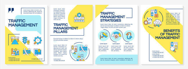 Naklejka premium Traffic management blue and yellow brochure template. System and engineering of transport roads. Leaflet design with linear icons. Editable 4 vector layouts. Questrial, Lato-Regular fonts used