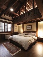 This image describes a bedrooms interior with visible wooden beams