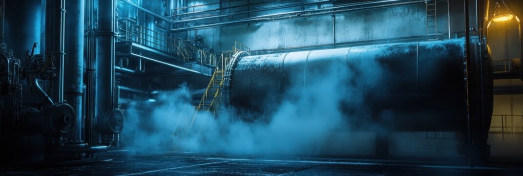 Cryogenic storage tank with liquid gas surrounded by frost covered pipes and cold mist in a facility. Generative AI