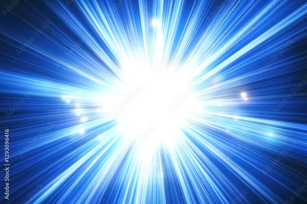 Poster bright blue burst of light radiating from a central point, creating a dynamic and energetic atmosphe