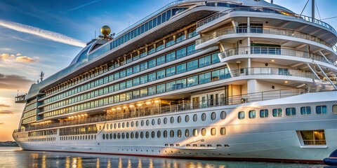 Side view of bow section of a large luxury cruise ship with sleek glass windows and ornate metalwork details , large vessel, sophisticated