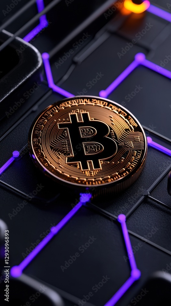 Poster a close-up of a bitcoin on a digital circuit with glowing accents.