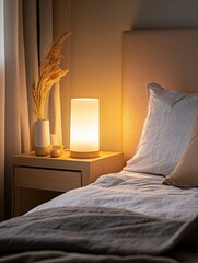 A lamp and vase on a bedside table in a bedroom