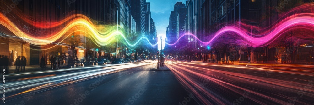 Aufkleber Visualizing sound waves above a busy urban road at twilight with vibrant abstract colors. Generative AI