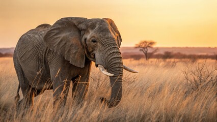 Fototapeta premium an majestic elephant standing in an open savanna at sunset, with the warm sunlight casting a golden glow over the landscape. The elephant is captured in its natural habitat.