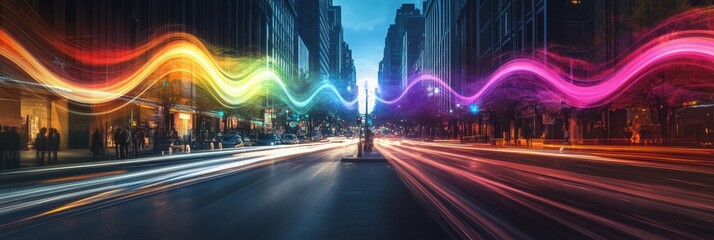 Visualizing sound waves above a busy urban road at twilight with vibrant abstract colors. Generative AI