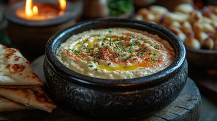 A traditional Middle Eastern meal featuring creamy hummus garnished with olive oil and spices, served with warm bread and assorted snacks
