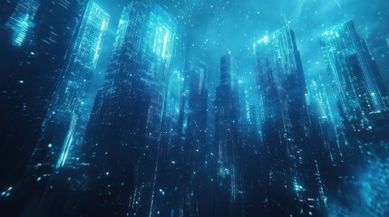 Naklejka premium Futuristic city skyline at night with glowing digital structures.