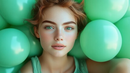 Naklejka premium Young woman surrounded by green balloons, showcasing a serene expression