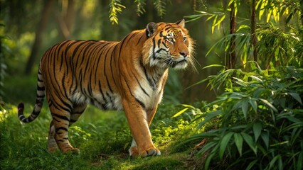 Obraz premium a majestic tiger standing proudly amidst lush green foliage and bamboo trees. The big cat is captured in a moment of alertness