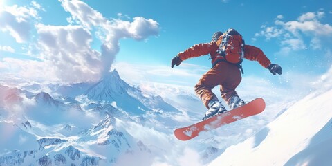 Snowboarder in Winter Wonderland: A snowboarder gracefully carves through fresh powder against a backdrop of snow-capped mountains under a bright blue sky, embodying the spirit of adventure.