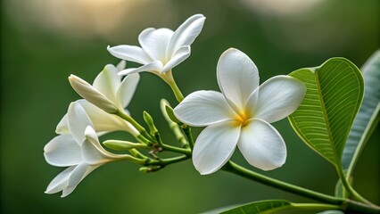 Obraz premium Serene Frangipani Bloom: A close-up capture of delicate frangipani flowers, radiating purity and elegance, with lush green foliage in the background.