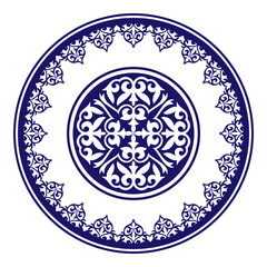 Blue white plate with lace design. Vintage, ethnic vector frame with arabesques. Beautiful round frame with a large pattern in the center. For round surfaces, household utensils, embroidery, engraving