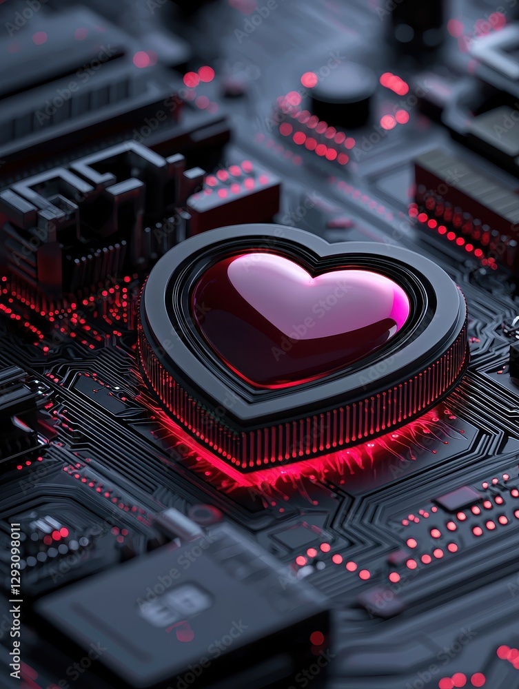 Poster a close-up of a circuit board with a glowing heart shape symbolizing love for technology.