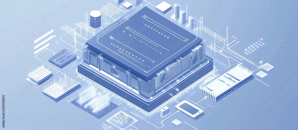 Poster abstract computer circuit board microchip in isometric projection