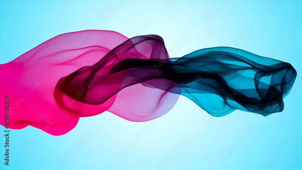 Poster Colorful flowing fabric creates a mesmerizing visual effect with a blend of pink and blue against a light background