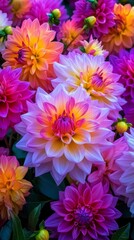 Obraz premium Vibrant multicolored dahlias in full bloom, showcasing rich shades of pink, purple, and yellow. Nature's beauty in floral arrangements concept.