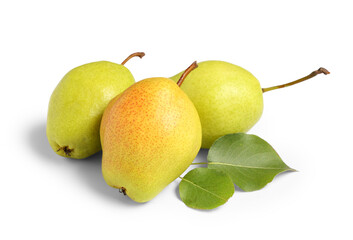 Sweet ripe pears and leaves on white background