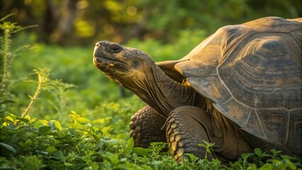 a close-up shot of a giant tortoise basking in the sun, surrounded by lush green vegetation. The tortoise's textured shell and ancient appearance evoke a sense of time and resilience