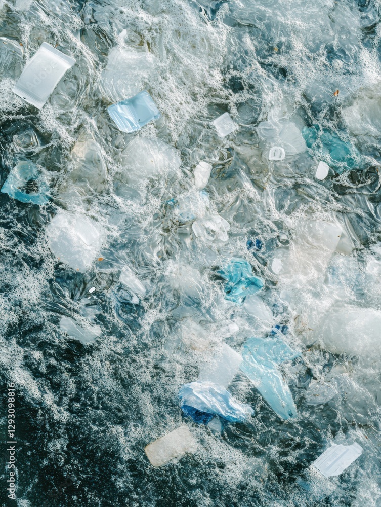 Poster Close up view of plastic fragments floating in ocean waves with bubbles and foamy water creating a stark contrast. Generative AI